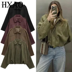 Collections HXAO Women's Bomber Jacket Lapel Long Sleeve Zipper Suede Jacket Women 2025 High Street Cropped Racing Jackets Coats Outerwears