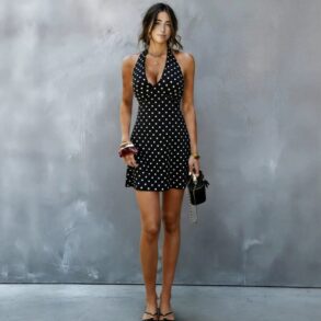 European And American-style Sexy Halter-neck Tube Top Deep-V-neck Polka-dot Dress