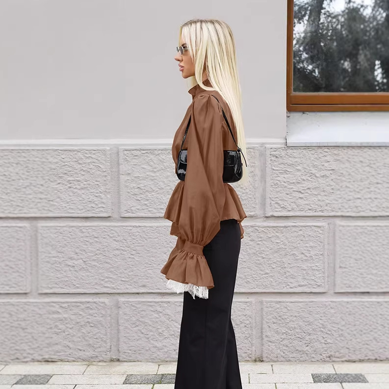 Womens French-style Long-sleeved Waist-cinching Asymmetrical Top - Image 4