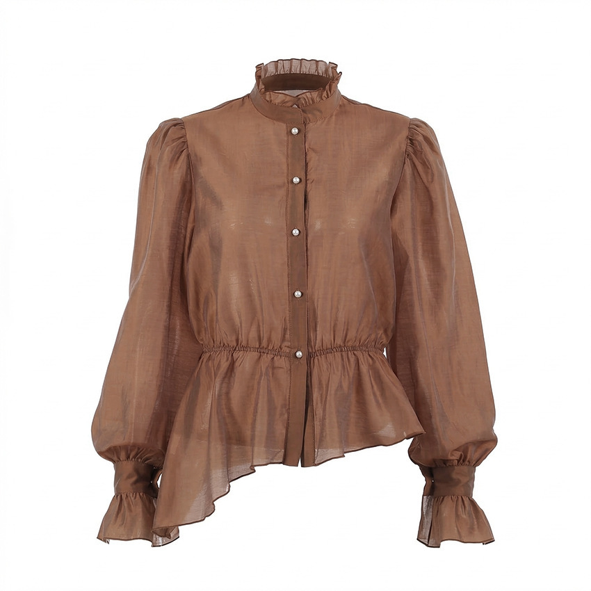 Womens French-style Long-sleeved Waist-cinching Asymmetrical Top - Image 5