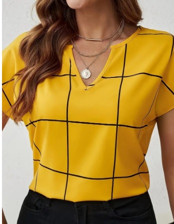 Plaid Print Notched Neck Blouse, Casual Short Sleeve Blouse For Spring & Summer, Women's Clothing - Image 3