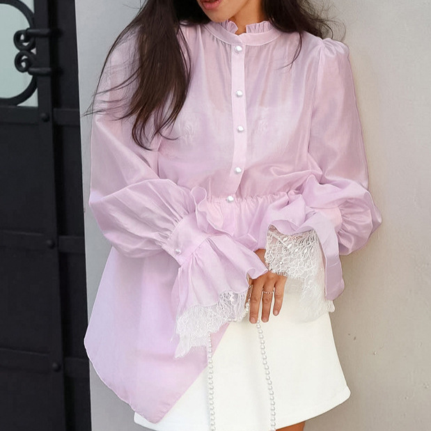 Womens French-style Long-sleeved Waist-cinching Asymmetrical Top - Image 2