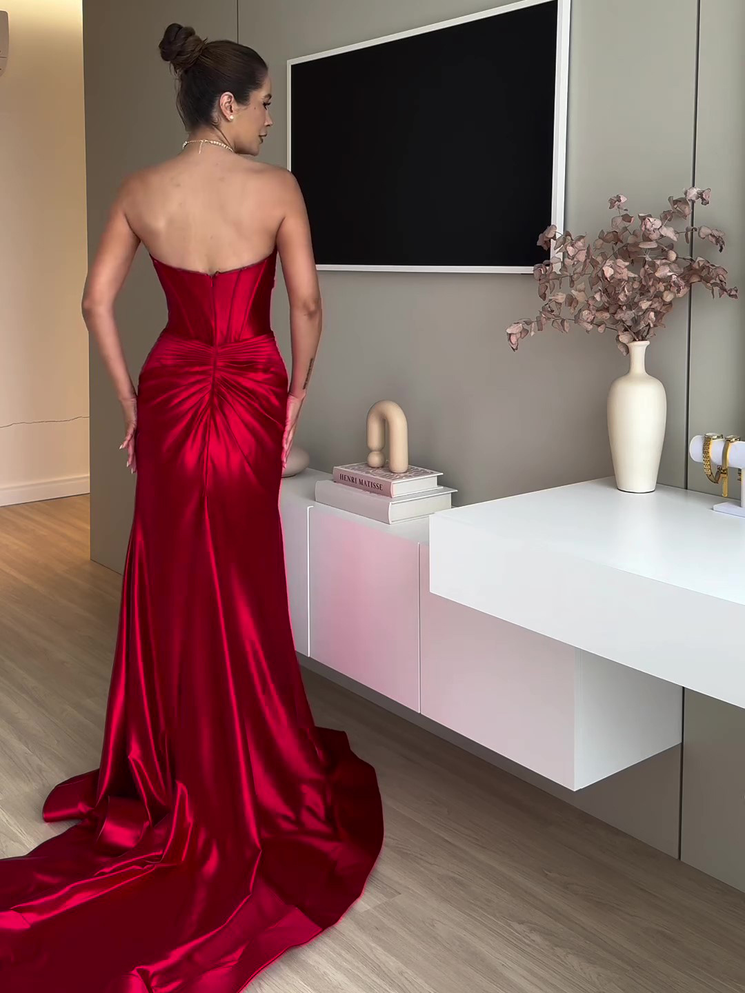 Tube Top Slit Red Extra Long Evening Dress - Image 3