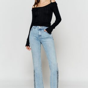 High Rise Slim Wide-Leg Jeans with Side Slit Rhinestone Detail